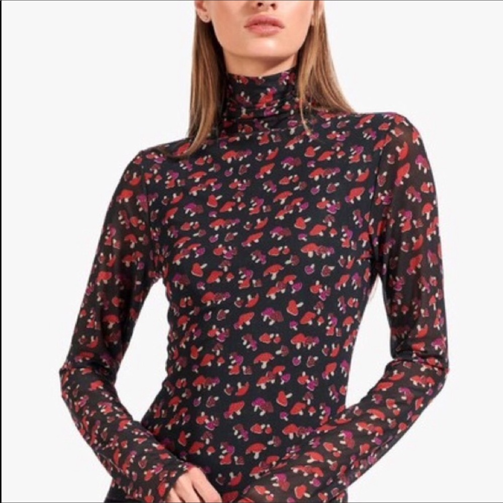 Staud Roll-Neck Mushroom Print Mesh Top Sheer XS